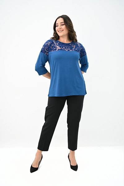 Koza Butik Women's Plus Size Velvet Tulle Detail Blouse 1856-2