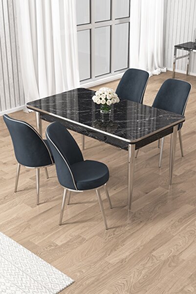 Canisa Rewa Serisi 70x110 Sabit Siyah Mermer Desen Krom Detay Masa Takımı ve ...