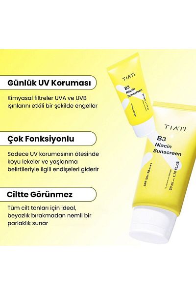 TİAM B3 Niacinamide Sunscreen 50ml - Dark Spot, Pa 50, Daily Face Sunscreen