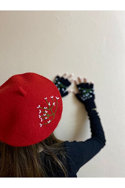 sema aksesuar Handmade Floral Embroidered Red French Painter Beret and Black Fingers Cut Out Gloves Set - Gift