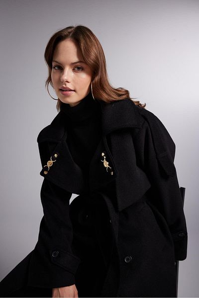 HOLLY LOLLY Accessory Detailed Wool Blend Maxi Length Woody Coat Black