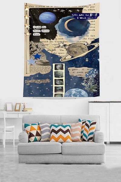 on the clouds Astronomy Themed - Moon Planet Patterned Stain Resistant Wall Tapestry
