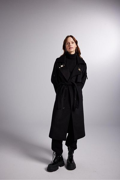 HOLLY LOLLY Accessory Detailed Wool Blend Maxi Length Woody Coat Black