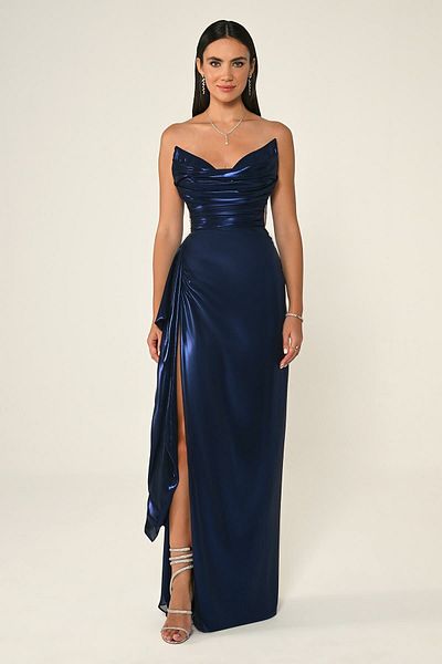 ALFABETA Shiny Fabric Side Slit Long Dress