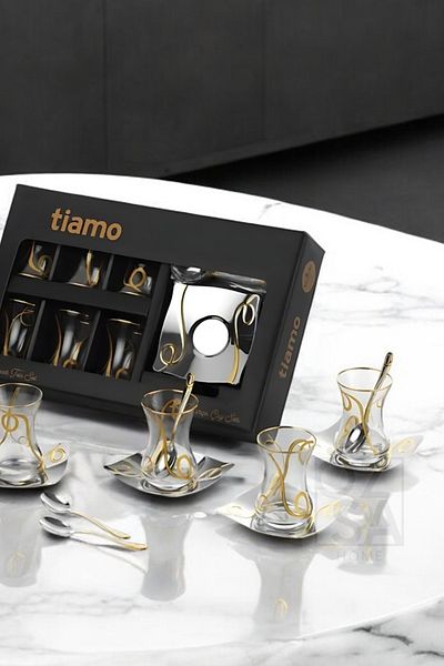ÖzSa Home Tiamo Inna Premium 18/10 Stainless Steel - 18 Piece Tea Set Tea Cup and Tea Plate