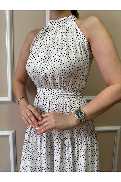 Size Özgü Long Polka Dot Patterned Belted Dress