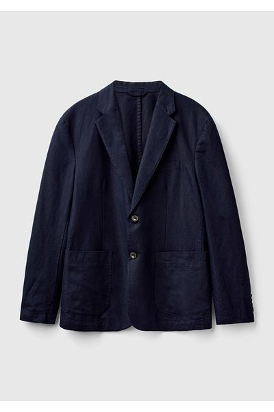 United Colors of Benetton Men's Dark Navy Blue Linen Blended Ribbed Pocket Detailed Double Button Blazer Jacket