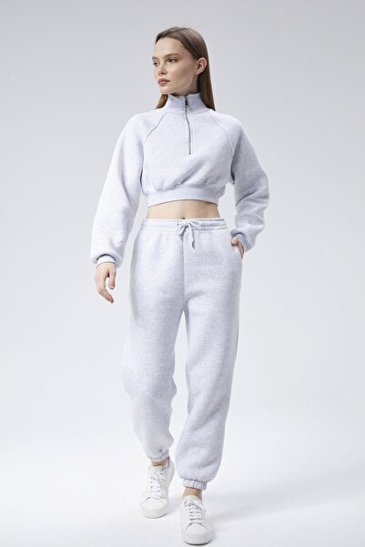 soBasic Сірий меланжевий спортивний костюм - з високим коміром і еластичними манжетами