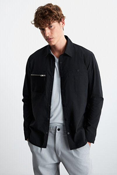 GRIMELANGE Angelo Erkek Gömlek Yaka Relaxed Fit Fermuar Detaylı Düğmeli Siyah Gömlek