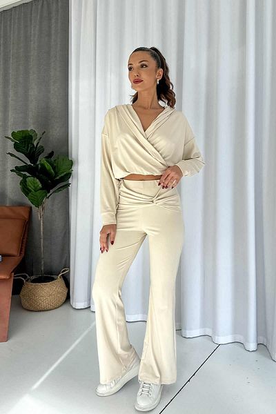 Mine Tan Butik Beige Scuba Women's Tracksuit Set - Cross Detailed
