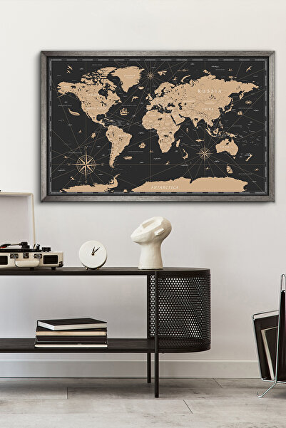 Evinemoda Vintage Dünya Haritası Tek Parça Gümüş Çerçeveli Kanvas - Canvas Tablo