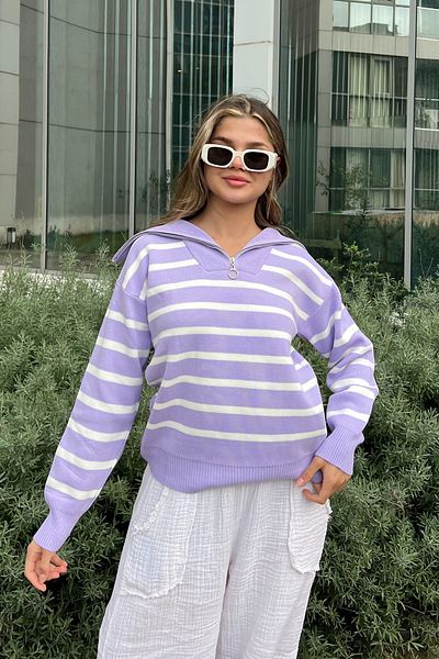 la & vetta Lilac Striped Zippered Knitwear Sweater
