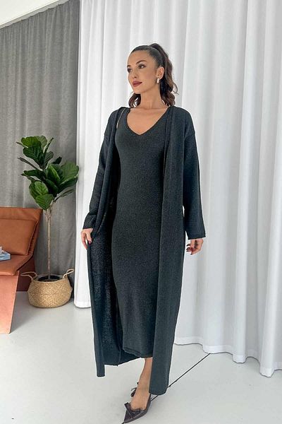 Mine Tan Butik Ανθρακί Πλεκτά Ζακέτα και Φόρεμα 2 τμχ Γυναικείο Σετ
