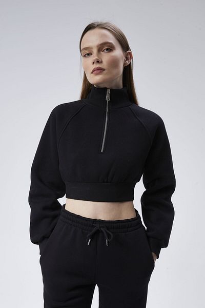 soBasic Stand Collar Zipper Detailed Elastic Leg Demi Sweatpants Set - Black