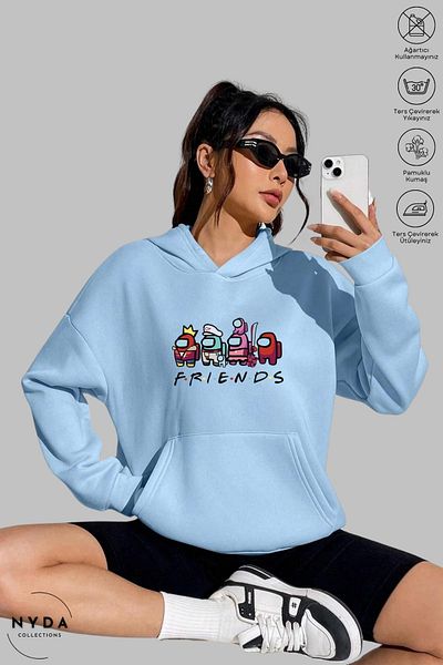 Nyda Collections Hanorac cu glugă unisex cu imprimeu Among Us Friends - mânecă lungă, bumbac supradimensionat