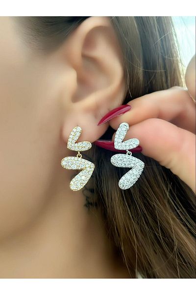MyladyAccessoriess Zircon Stone Detailed Double Heart Dangle Earrings (Premium Series) Silver