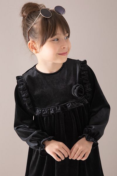 Cansın Mini Rochie de catifea pentru fetiță cu mânecă lungă cu volane negre 19810