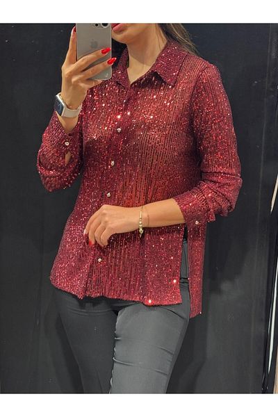 Serica Moda Cămașă roșie Claret din șifon cu paiete