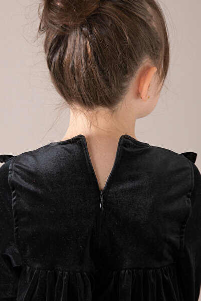 Cansın Mini Siyah Fırfır Detaylı Uzun Kol Kız Çocuk Kadife Elbise 19810