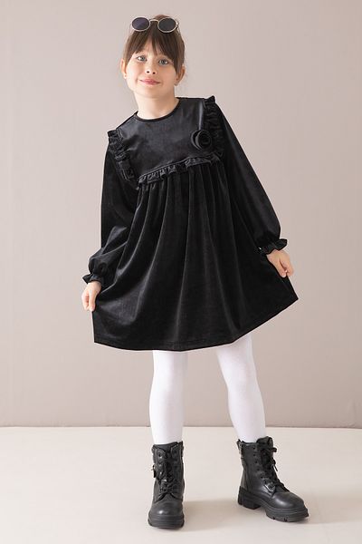 Cansın Mini Rochie de catifea pentru fetiță cu mânecă lungă cu volane negre 19810