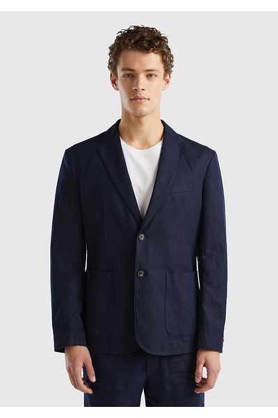 United Colors of Benetton Men's Dark Navy Blue Linen Blended Ribbed Pocket Detailed Double Button Blazer Jacket