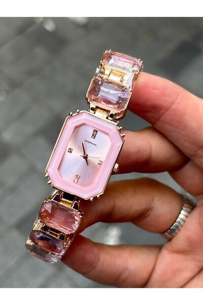 Choppers Luxury Transparent Pink Stone Elegant Rectangle Dial Modern Sparkle Detail Stylish Women's Wristwatch