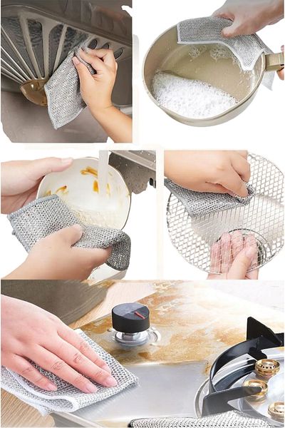 meyre Wire Dishwashing Cloth Scrubbing Wire Practical Anti-Scratch Dishwashing Sponge Inox Cleaner Multi-Purpose Cloth 3X Silver