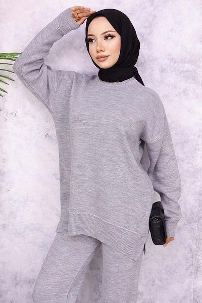 benguen 3085 مجموعة تريكو مخططة باللون الرمادي