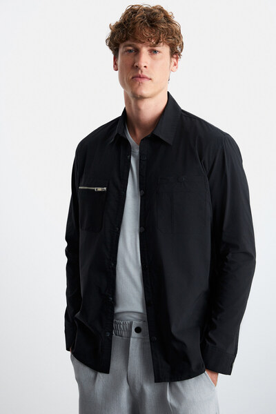 GRIMELANGE Angelo Erkek Gömlek Yaka Relaxed Fit Fermuar Detaylı Düğmeli Siyah Gömlek