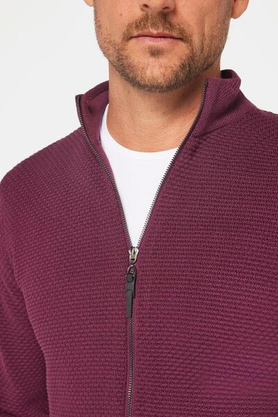 Tudors Men's Standard Fit Regular Cut Patterned Half Turtleneck Zippered Claret Red Cardigan