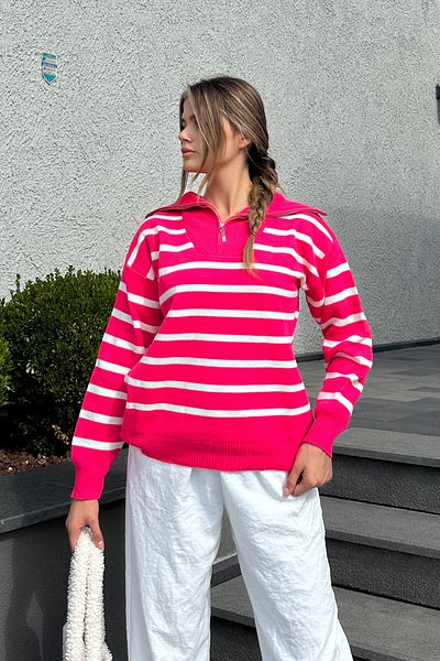 la & vetta Fuchsia Striped Zippered Knitwear Sweater