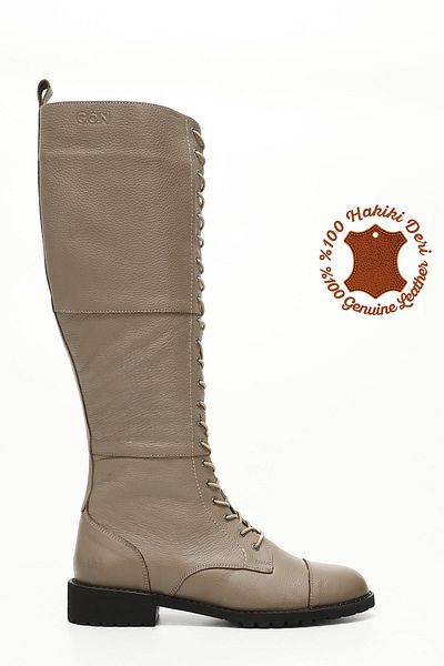 GÖNDERİ(R) Mink Floter Genuine Leather Round Toe Rubber Sole Heeled Lace Up Women's Daily Boots 64601