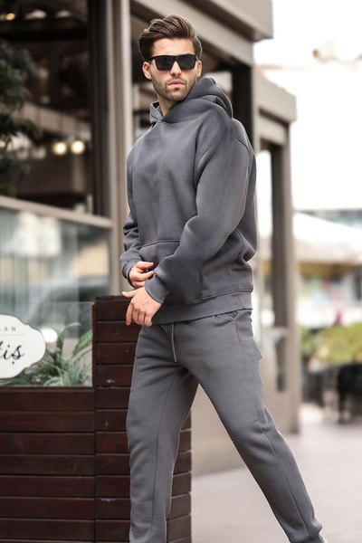 BayBayan Set de trening oversize pentru bărbați, cu buzunar cangur, cu glugă,...