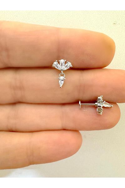 Arescollection 1 Piece Zircon Stone Back Plain Front Attached Tragus Helix Earlobe Compatible Piercing Earring