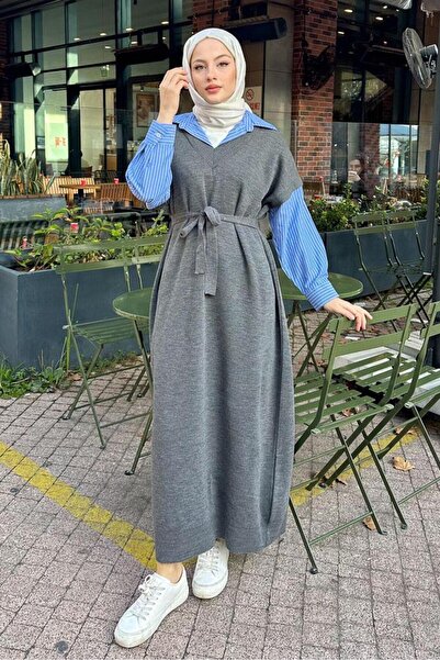 Oven Poplin Detaylı Triko Elbise - Antrasit