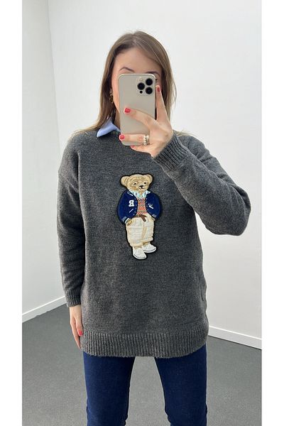 Narferita Pulover în relief cu ursuleț gri