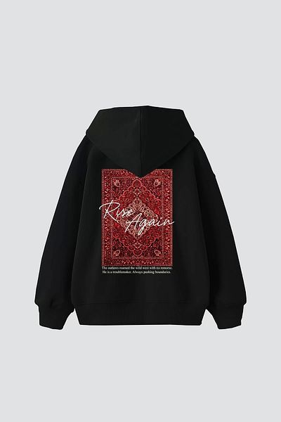 Bak Moda Hanorac negru premium unisex oversize imprimat Rise Again