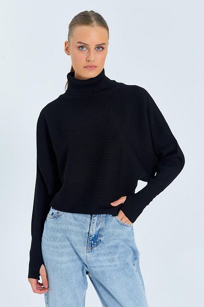 Mixray 6811 Women's Turtleneck Finger Snap Knitwear Sweater Black