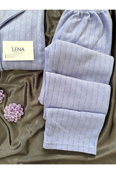 Lena Homewears Set de pijamale din lână cu nasturi cu model de buline albastru deschis