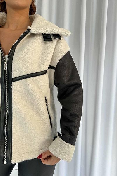 Mine Tan Butik White Teddy Coat - Leather Detailed