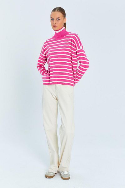 Mixray Fuchsia 6802 Women's Striped Turtleneck Knitwear Sweater