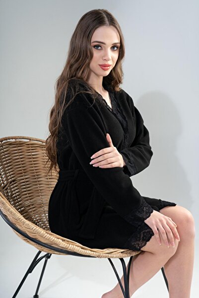 VİENETTA Vienetta Black Women's Long Sleeve Fleece Dressing Gown