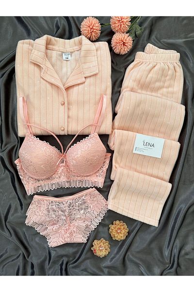 Lena Homewears Salmon Lingerie Polka Dot Print Button Fleece Pajamas Set
