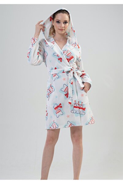VİENETTA Vienetta Kadın Beyaz Polar Desenli Sabahlık