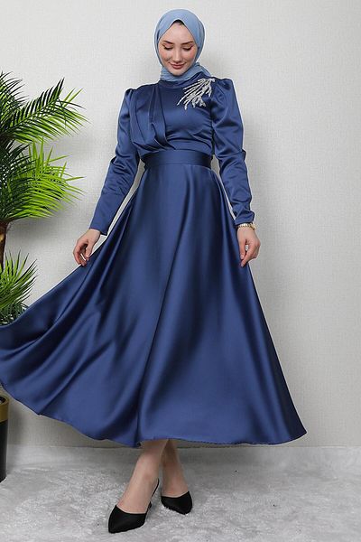 GİZ AGİYİM Dark Indigo Satin Evening Dress with Stones on the Shoulder