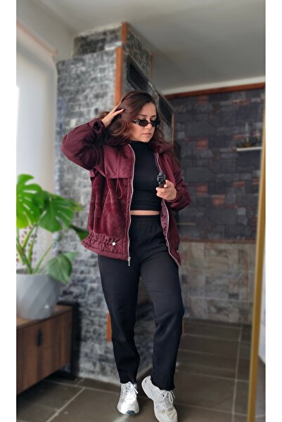 Shazel Kadın Mont Bordo Kürk Peluş Su Geçirmez