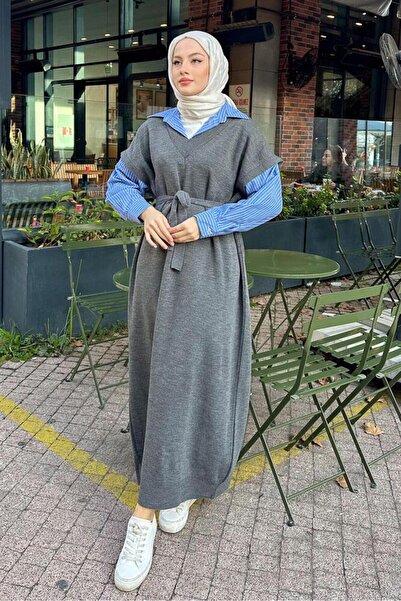 Oven Poplin Detaylı Triko Elbise - Antrasit