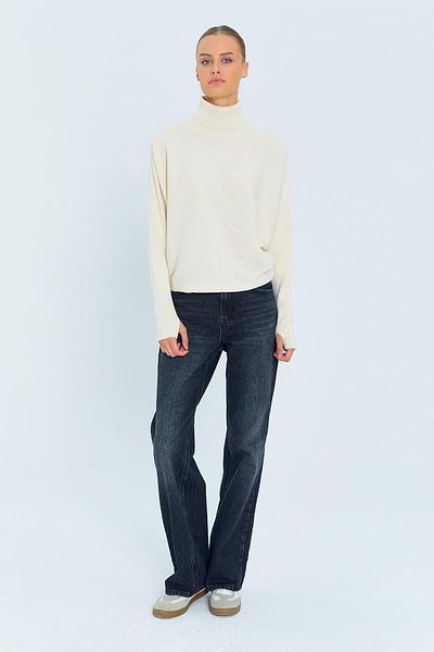 Mixray 6811 Women's Turtleneck Finger Snap Knitwear Sweater Natural
