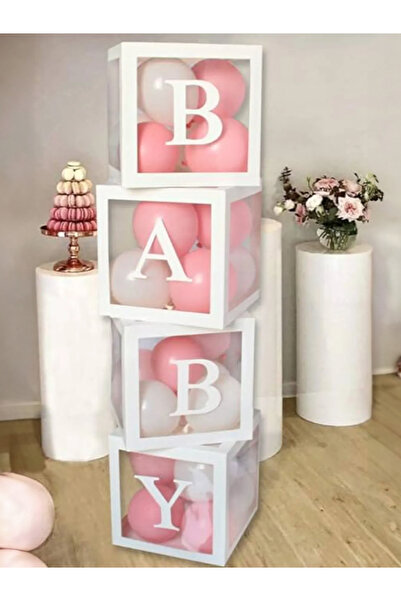 Parti Atölyesi 36 Parça Baby Kutu Pembe Beyaz Balonlu Şeffaf Balon Kutusu Doğumgünü Hastane Odası Süsleme 25x25 Cm