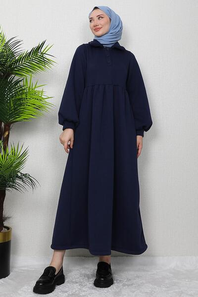 GİZ AGİYİM فستان شيفال بأزرار باللون الأزرق الداكن